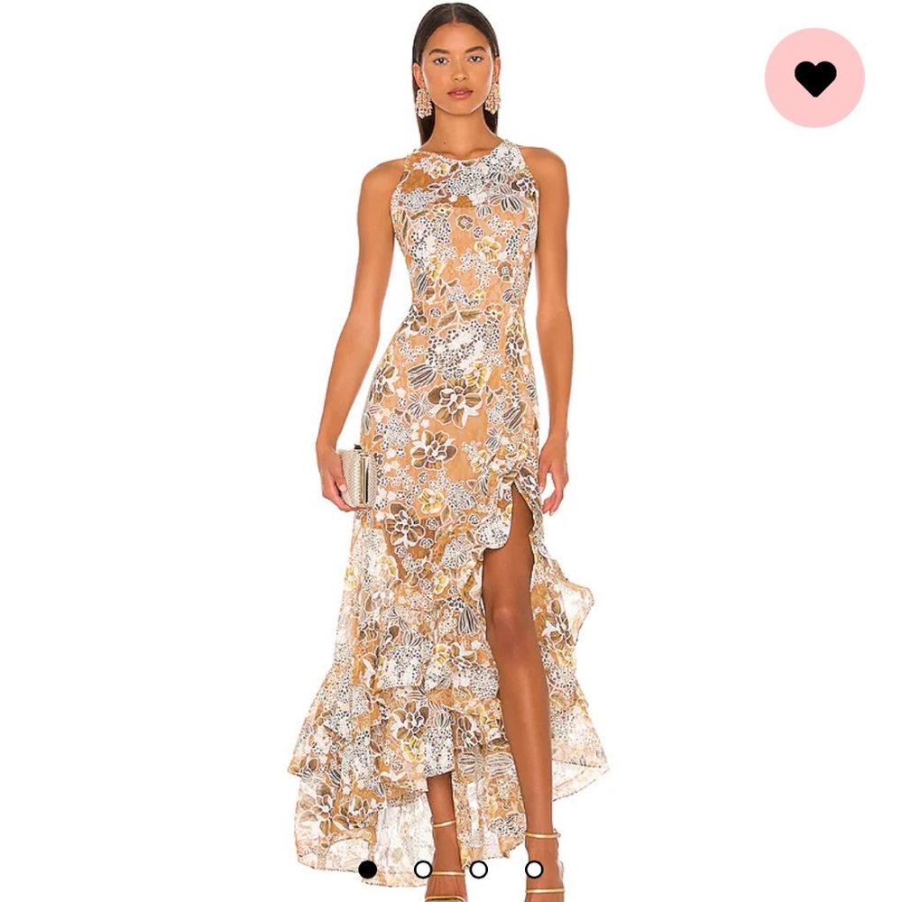 Bronx and Banco Floral Lace High-Low Gown in Tan and White